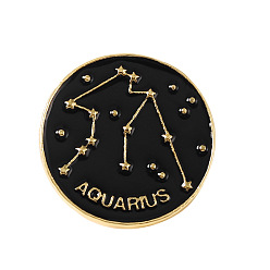 Aquarius Black Constellations Word Enamel Pin, Gold Plated Alloy Flat Round Badge for Backpack Clothes, Aquarius, 20mm