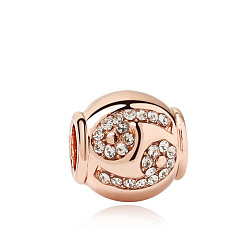 Cancer Rose Gold Plated Alloy European Beads, with Crystal Rhinestone, Large Hole Beads, Rondelle with Twelve Constellations, Cancer, 11x11mm