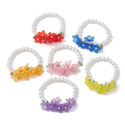 Mixed Color 6Pcs 6 Colors Glass Pearl Beaded Stretch Bracelets Set, Acrylic Flowers Stackable Bracelets, Mixed Color, Inner Diameter: 2-1/2 inch(6.5cm), 1Pc/color
