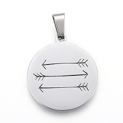 Stainless Steel Color 304 Stainless Steel Pendants, Flat Round with Arrow, Stainless Steel Color, 25x22x1.2mm, Hole: 4x7.5mm