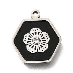 Нержавеющая Сталь Цвет 304 шестигранник из нержавеющей стали с цветочными подвесками, с пластиковой имитацией ракушки и стразами, цвет нержавеющей стали, 14.5x12x2.3 мм, отверстие : 1.2 мм
