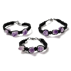 Amethyst Natural Amethyst Nugget Braided Beaded Bracelet with Leather Rope, 8-7/8 inch(22.5cm)