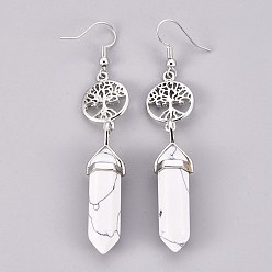 Howlite Pointed Bullet Synthetic Howlite Dangle Earrings, with Brass Earring Hooks and Flat Round with Tree of Life Links, Platinum, 76mm, Pin: 0.7mm