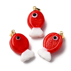 Красный Подвески лэмпворк ручной работы, рыбы прелести, с реечной накладкой из латуни с золотистым напылением, долговечный, красные, 23~23.5x12~13x8~10 мм, отверстие : 4.4x3.8 мм