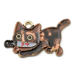 Coconut Brown Printed Alloy Pendants, with Enamel, Golden, Cadmium Free & Nickel Free & Lead Free, Cat with Knife Shape Charms, Coconut Brown, 17x29x1.5mm, Hole: 2mm