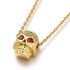 Golden Brass Micro Pave Cubic Zirconia Pendant Necklaces, for Halloween, with 304 Stainless Steel Cable Chains, Skull, Red, Golden, 17.91 inch(45.5cm)