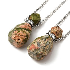 Unakite Openable Faceted Natural Unakite Perfume Bottle Pendant Necklaces for Women, 304 Stainless Steel Cable Chain Necklaces, Stainless Steel Color, 18.54 inch(47.1cm)