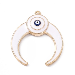 White Alloy Enamel Pendants, Light Gold, Double Horn/Crescent Moon with Evil Eye Charm, White, 41x35.5x5mm, Hole: 2.2mm