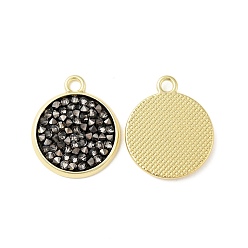 Black Diamond Rhinestone Pendants, with Light Gold Plated Brass Findings, Flat Round, Cadmium Free & Lead Free, Black Diamond, 22x18.5x2.5mm, Hole: 2mm