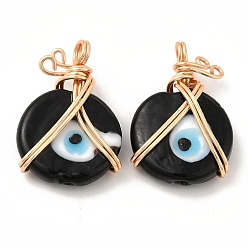 Black Wire Wrapped Handmade Lampwork Pendants, with Copper Findings, Real 18K Gold Plated, Long-Lasting Plated, Flat Round with Evil Eye, Black, 25x18x7mm, Hole: 2.9mm