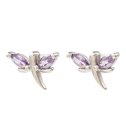 Лиловый Серьги-гвоздики из платиновой латуни со стрекозой, с четким кубического циркония, долговечный, без свинца и без кадмия, сирень, 10x15 мм