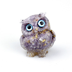 Lilac Jade Resin Home Display Decorations, with Natural Lilac Jade Chips and Gold Foil Inside, Owl, 60x50x42mm