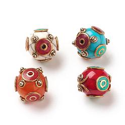 Mixed Color Handmade Tibetan Style Round Beads, with Brass Findings, Antique Golden, Mixed Color, 16x17x17mm, Hole: 2mm