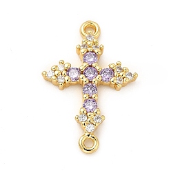 Lilac Eco-Friendly Rack Plating Brass Pave Cubic Zirconia Connector Charms, Lead Free & Cadmium Free, Real 18K Gold Plated, Religion Cross Links, Lilac, 24.5x16.5x3.5mm, Hole: 1.4~1.5mm