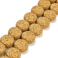 Goldenrod Natural Lava Rock Beads Strands, Flat Round, Dyed, Goldenrod, 14~14.5x6mm, Hole: 1.6mm, about 28pcs/strand, 15.75 inch(40cm)