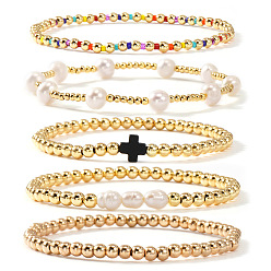 Золотой 5шт. 5 стили набор круглых бусин из латуни и пресноводного жемчуга для браслета, составные браслеты для женщин, золотые, внутренний диаметр: 6-7/8 дюйм (17.5 см)