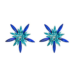 Blue Sparkling Floral Alloy Earrings with Colorful Gems - Fashionable and Bold Ear Accessories for Street Style Chic