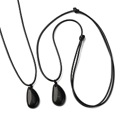 Обсидиан Подвеска-слеза из натурального обсидиана, черный вощеный шнур, регулируемые ожерелья, 14.96~29.53 дюйм (38~75 см)