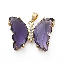 Lilac Brass Micro Pave Clear Cubic Zirconia Pendants, with Glass, Butterfly, Golden, Lilac, 20x26.5x5mm