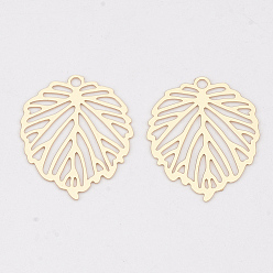 Light Gold Brass Pendants, Etched Metal Embellishments, Long-Lasting Plated, Leaf, Light Gold, 22x17.5x0.3mm, Hole: 1.5mm