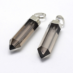Silver Natural Smoky Quartz Pointed Pendants, with Brass Findings, Dyed & Heated, Long-Lasting Plated, Bullet, Silver, 28.5~29x6.5mm, Hole: 3.5x6mm