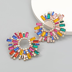 Colorful Shiny Rhinestone Irregular Statement Stud Earrings, Sun Shape Alloy Earrings for Women, Colorful, 58x68mm