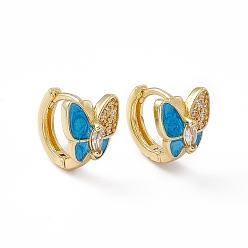 Dodger Blue Clear Cubic Zirconia Butterfly Hoop Earrings with Enamel, Real 18K Gold Plated Brass Jewelry for Women, Lead Free & Cadmium Free, Dodger Blue, 11.5x13x10mm, Pin: 1mm