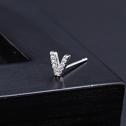 Letter V Platinum Brass Micro Pave Cubic Zirconia Stud Earrings, Initial Letter, Letter V, No Size