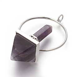 Amethyst Natural Amethyst Big Pendants, with Platinum Tone Brass Findings, Pyramid, 62~63x4.1x2mm, Hole: 5mm