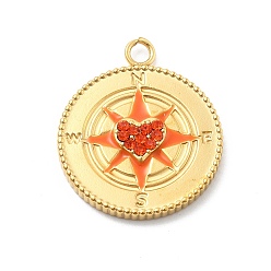 Оранжевый 304 подвески из нержавеющей стали с эмалированными стразами, подвески в форме компаса, ионное покрытие (ip), реальный 14 k позолоченный, оранжевые, 24x20x3 мм, отверстие : 2.2 мм