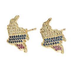 Real 18K Gold Plated Brass Micro Pave Cubic Zirconia Stud Earrings for Women, Map, Lead Free & Cadmium Free, Rack Plating, Long-Lasting Plated, Real 18K Gold Plated, 16.5x12.5mm