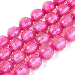 Hot Pink Resin Beads Strands, Bead in Bead, with Glass & Glitter Powder Inside, Round, Faceted(96 Facets), Hot Pink, 9~10mm, Hole: 0.7mm, about 49~51pcs/strand, 18.50~19.29 inch(47~49cm)