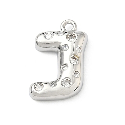 Letter J Латунные микропаве прозрачные подвески с фианитом, без кадмия и без свинца, долговечный, стойки покрытие, платина, буква J, 21x16x5 мм, отверстие : 1.8 мм