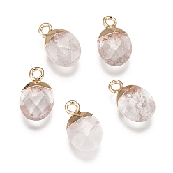 Quartz Crystal Electroplate Natural Quartz Crystal Charms, Rock Crystal Charms, with Iron Findings, Faceted, Oval, Golden, 14~15x8x5~5.5mm, Hole: 1.8mm