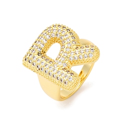 Letter R Кольца-манжеты для пальцев с покрытием из латуни с микропаве из прозрачного кубического циркония для женщин, долговечный, реальный 18 k позолоченный, Письмо ~ Z, Буква R, 18.5x12.5 мм, внутренний диаметр: 17.5 мм