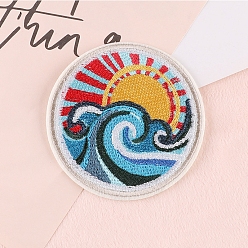 Deep Sky Blue Sun Scenery Appliques, Computerized Embroidery Cloth Iron on Patches, Costume Accessories, Deep Sky Blue, 90mm