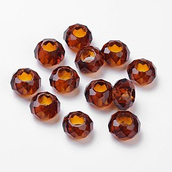 Sienna Glass European Beads, Large Hole Beads, No Metal Core, Faceted Rondelle, Chocolate, about 14mm in diameter, 8mm thick, hole: 5mm