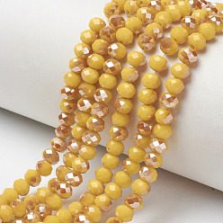 Gold Electroplate Opaque Solid Color Glass Beads Strands, Half Plated, Rainbow Plated, Faceted, Rondelle, Gold, 4x3mm, Hole: 0.4mm, about 123~127pcs/strand, 16.5~16.9 inch(42~43cm)