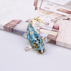 Synthetic Turquoise Resin Home Display Decorations, with Synthetic Turquoise Chips and Gold Foil Inside, Fish, 60x40x20mm