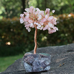 Rose Quartz Natural Rose Quartz Chips Tree Decorations, Ntural Fluorite Base with Copper Wire Feng Shui Energy Stone Gift for Home Office Desktop Decoration, 80x120mm