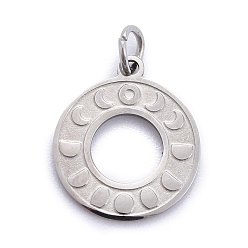 Stainless Steel Color 304 Stainless Steel Pendants, Manual Polishing, with Jump Ring, Textured, Moon Phase, Stainless Steel Color, 17x15x1mm, Jump Ring: 5x1mm, 3.5mm inner diameter