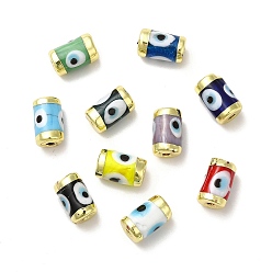 Mixed Color Handmade Evil Eye Lampwork Beads, with Light Gold Tone Brass Findings, Long-Lasting Plated, Lead Free and Cadimum Free, Column, Mixed Color, 14.5~15x9~9.5mm, Hole: 1.8mm