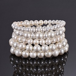 Floral White Shell Pearl Stretch Bracelets Sets, Stackable Bracelets, with Burlap Drawstring Bags, Floral White, 2-3/8 inch(6cm), 5strands/set