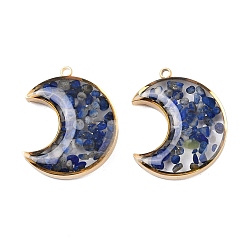 Синий 304 подвески из нержавеющей стали, луна с эпоксидной смолой и натуральным лазуритом, вакуумное покрытие pvd, реальный 18 k позолоченный, синие, 22x18x5~5.5 мм, отверстие : 1.6 мм
