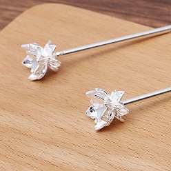Silver Alloy Hair Stick Finding, Round Bead Settings, with Iron Pin, Flower, Silver, 120mm