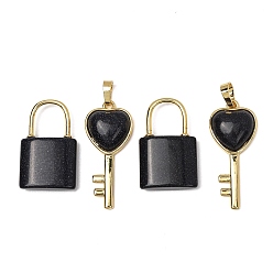 Blue Goldstone Synthetic Blue Goldstone Beaded Pendants, Lock and Key Charms, with Golden Brass Findings, 31.5~32.5x20~20.5x7.5mm, Hole: 11x12mm
