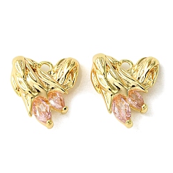 Light Rose Brass Heart Charms, Real 18K Gold Plated, with Glass, Light Rose, 13x12x4mm, Hole: 1.5mm