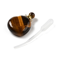 Тигровый глаз Натуральные подвески для флаконов с тигровым глазом, для эфирного масла, духи, с золотыми латунными выводами и пипетками, сердце, 42x29~32x12~12.5 мм, отверстие : 1.5~1.8 мм