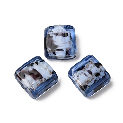 Steel Blue Handmade Gold Sand Lampwork Beads, Square, Steel Blue, 12.5x12.5x6~6.5mm, Hole: 1.8mm