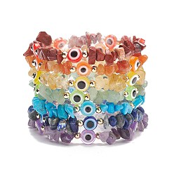 Mixed Stone 7Pcs Natural & Synthetic Mixed Gemstone Chips & Resin Evil Eye Beaded Stretch Bracelets Set, Lucky Jewelry for Women, Inner Diameter: 2-1/8 inch(5.35cm), 1Pc/style